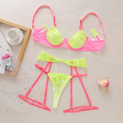 Neon Lace Lingerie  Underwear Heart-Shaped Embroidery  Set Sensual Patchwork 3-Piece Garters Breves Sets