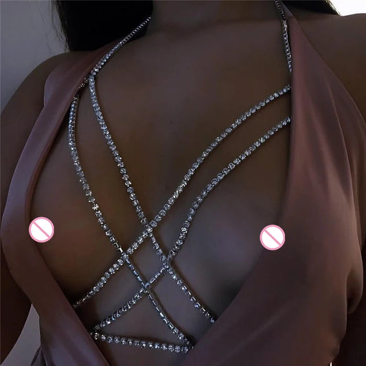 Shining Rhinestones Chest Cross Body Chain Boho Multi Layers Chest Chain Harness Body Jewellery Jewelry Crystal Chest