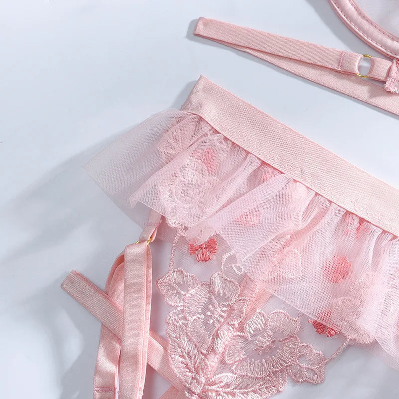 Lingerie y Lace Sensual Underwear Set Floral Transparent Brief Sets 3 Piece Push Up Underwire Bra and Panty
