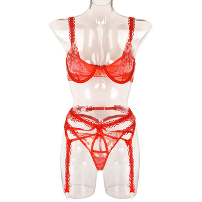 Sexy Three Piece Set Spring Embroidery Mesh Stitching Cute Lace Shoulder Strap Waist Seal Underwear