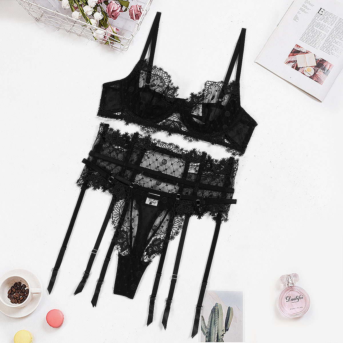 Sexy See through Lace Joint Body Shaping Sexy Lingerie Three Piece Set