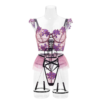 Sexy Thin Embroidery Bra Set Mesh Floral Underwear Women Garter