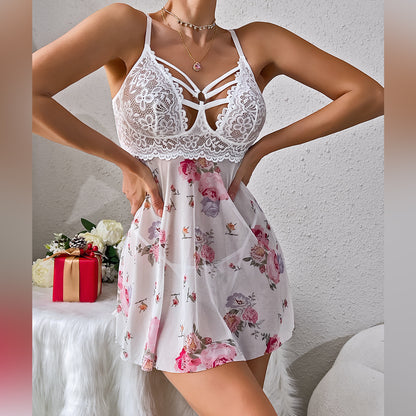 Elastic Printed Mesh Cloth Stitching Lace Sexy Home Pajamas Suspenders Underwear Two Piece Set Women