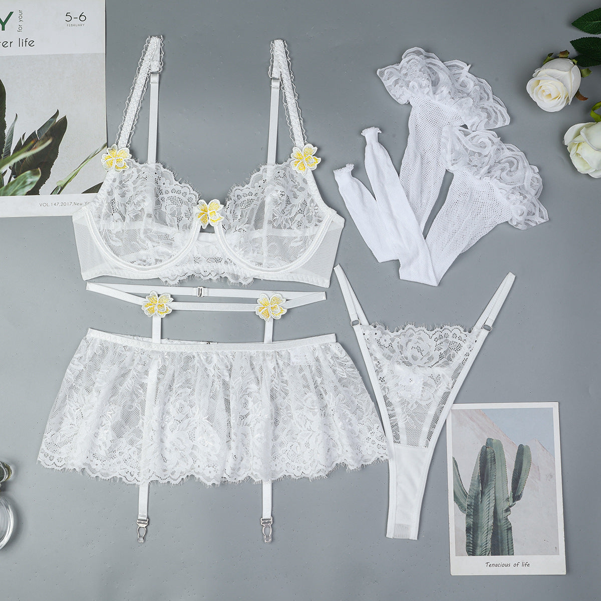 Sexy Lingerie Women Clothes Three Dimensional Embroidery Floral Stitching Lace Four Piece Set
