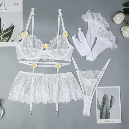 Sexy Lingerie Women Clothes Three Dimensional Embroidery Floral Stitching Lace Four Piece Set