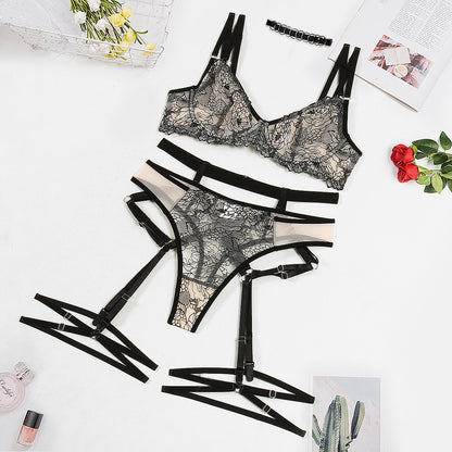Summer Sexy Underwear Collar Garter Suit Embroidered Mesh Splicing See Through Sexy Five Piece Set