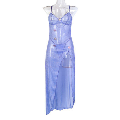 Romantic Pearl Shell Colorful Purple Micro Elastic Mesh High Waist Split Open Leg Sexy Cami Dress Party