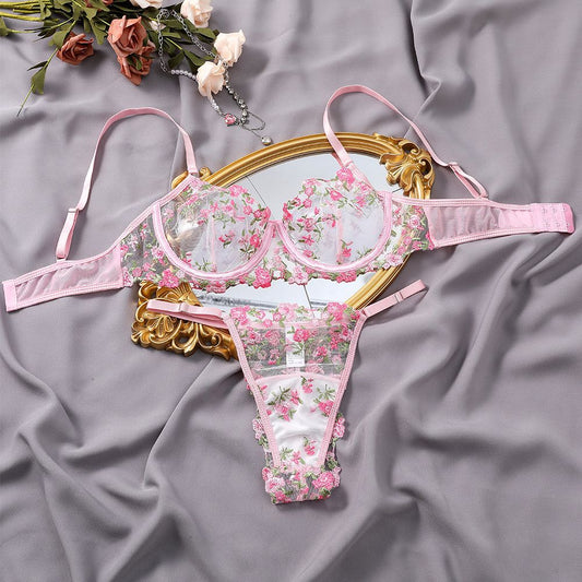Spring Embroidered Lace Sexy Lingerie Mesh Stitching Sexy Bra Set
