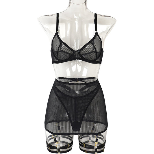 See Through Sexy Stripes Mesh Push Up Sexy Lingerie Set Women