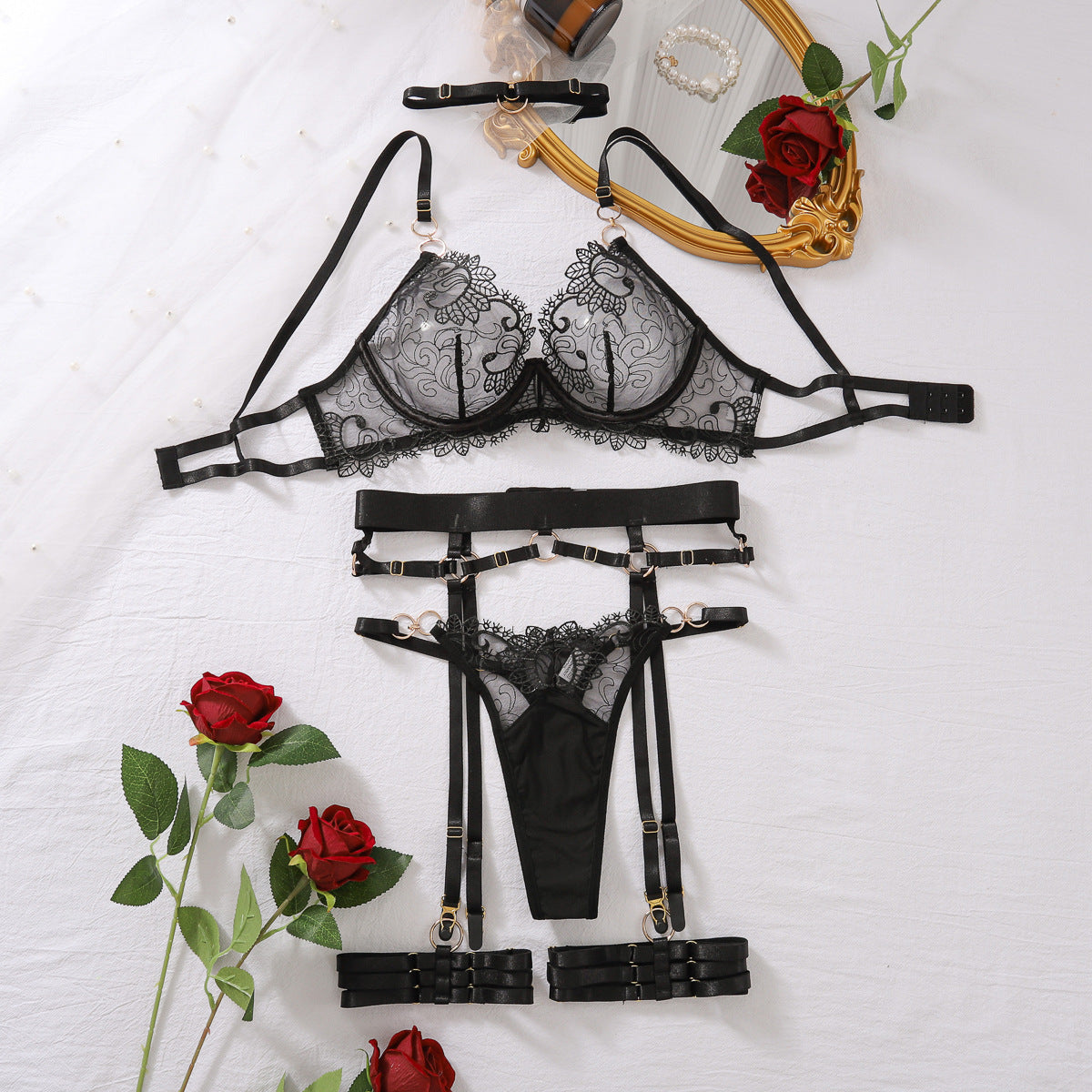 Summer Bra Set Sexy Low Cut See Through Embroidery Complex Craft Sexy Lingerie Five Piece Set Women