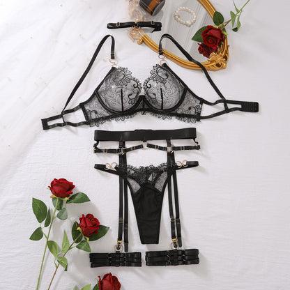 Summer Bra Set Sexy Low Cut See Through Embroidery Complex Craft Sexy Lingerie Five Piece Set Women