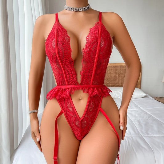 Collants plongeants en V profond à lacets découpe dos rosée sous-vêtements sexy costume femmes
