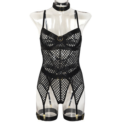 Ensemble trois pièces jupe sexy, coutures en maille large, avec anneau en acier, sous-vêtements avec anneau de jambe licou