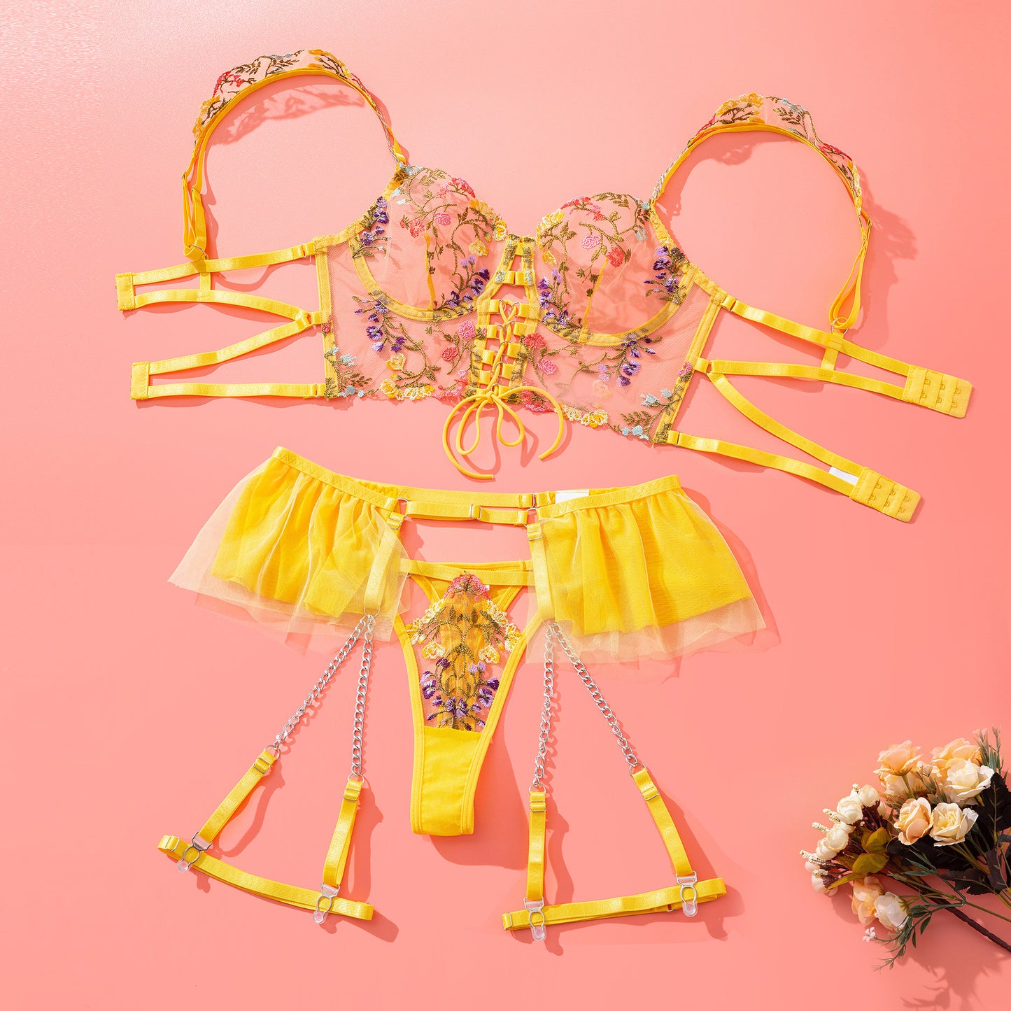 Conjunto de sujetador con bordado fino y Sexy, ropa interior Floral pequeña de malla, liga para mujer