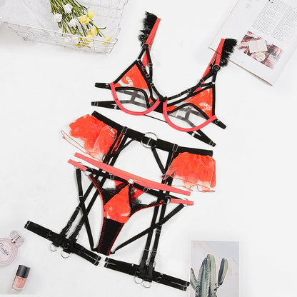 Summer Complex Craft Hollow Out Cutout Embroidery Joint Sexy Contrast Color Sexy Lingerie Suit
