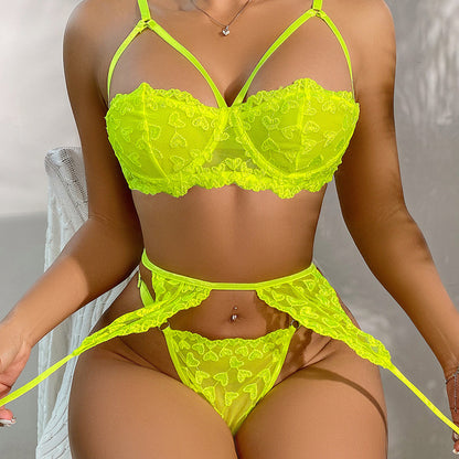 Sexy Lingerie Hollow Out Cutout Backless Bra Thin Strap T Back Sexy Three Piece Suit