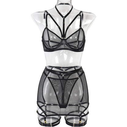 Sexy Lingerie Three Piece Set Mesh with Steel Bracket Stitching Sexy Clothes