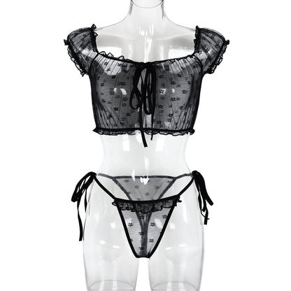 Sexy Underwear Two Piece Wooden Ear See through Bow Collar Sexy Cute Girl Set