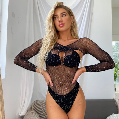 Women Rhinestone Shiny Long Sleeved Sexy Lingerie Fishnet Clothes