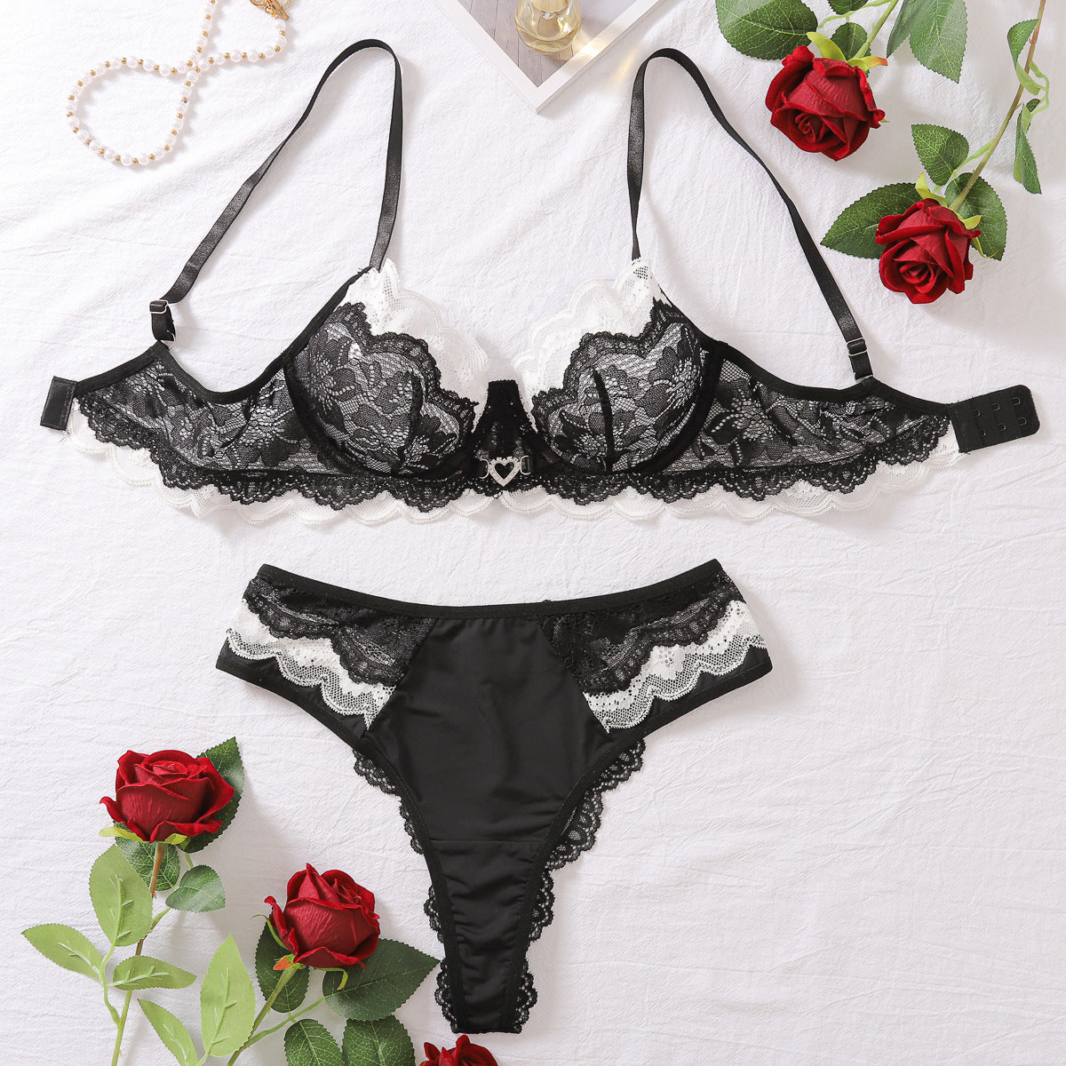 Mesh See Through Stitching Contrast Color Sexy Lace Sexy Lingerie Suit