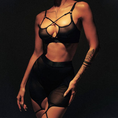 Solid Color Sheer Mesh Cross Sexy Shapewear Three Piece Set