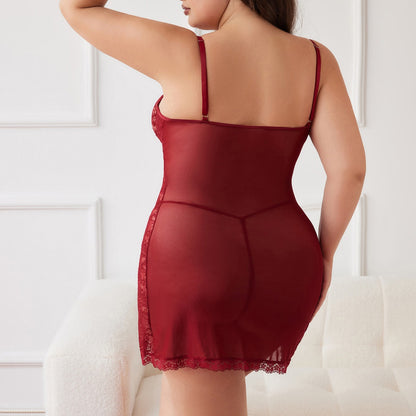 Plus Size Sexy Lace Transparent Suit Sleeveless Split Dress Pajamas Sexy Underwear Two Piece