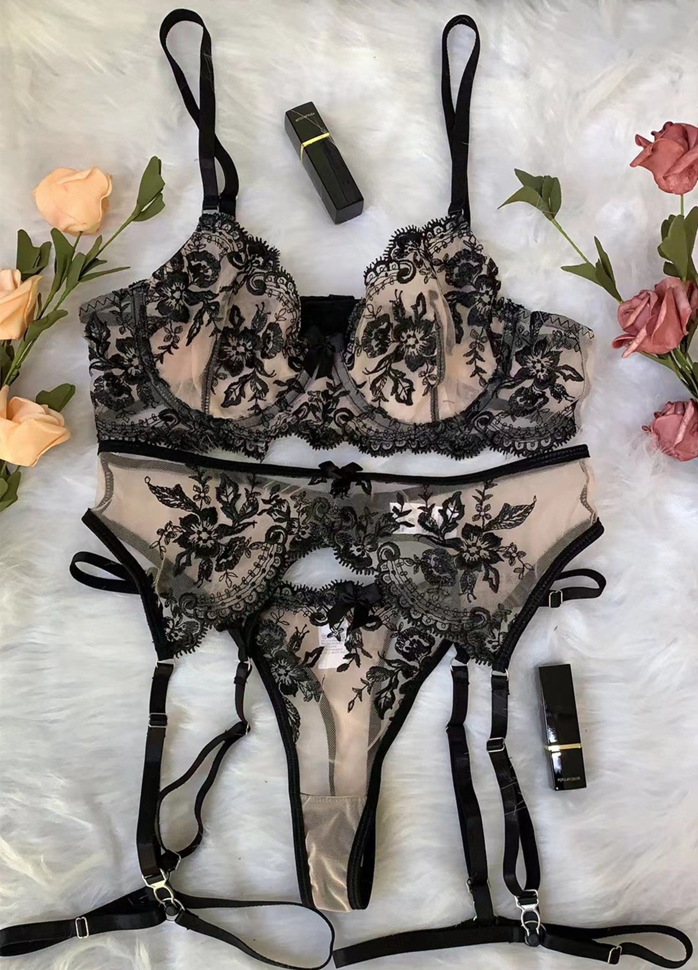 Sexy Lingerie Women Sexy Embroidery Lace Three Points with Cutout Seductive Set