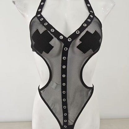 Sexy Hollow Out Cutout See through Mesh Rivet Jumpsuit Sexy Lingerie Suit