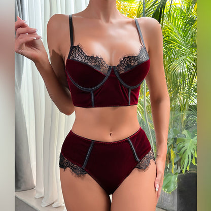 Sexy Underwear Autumn Burgundy Velvet Stitching Lace Comfortable Sexy Lingerie Set