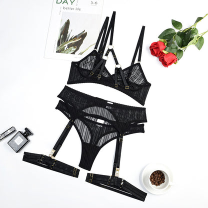 Complex Craft Striped Mesh Sexy Underwear Four Piece Set