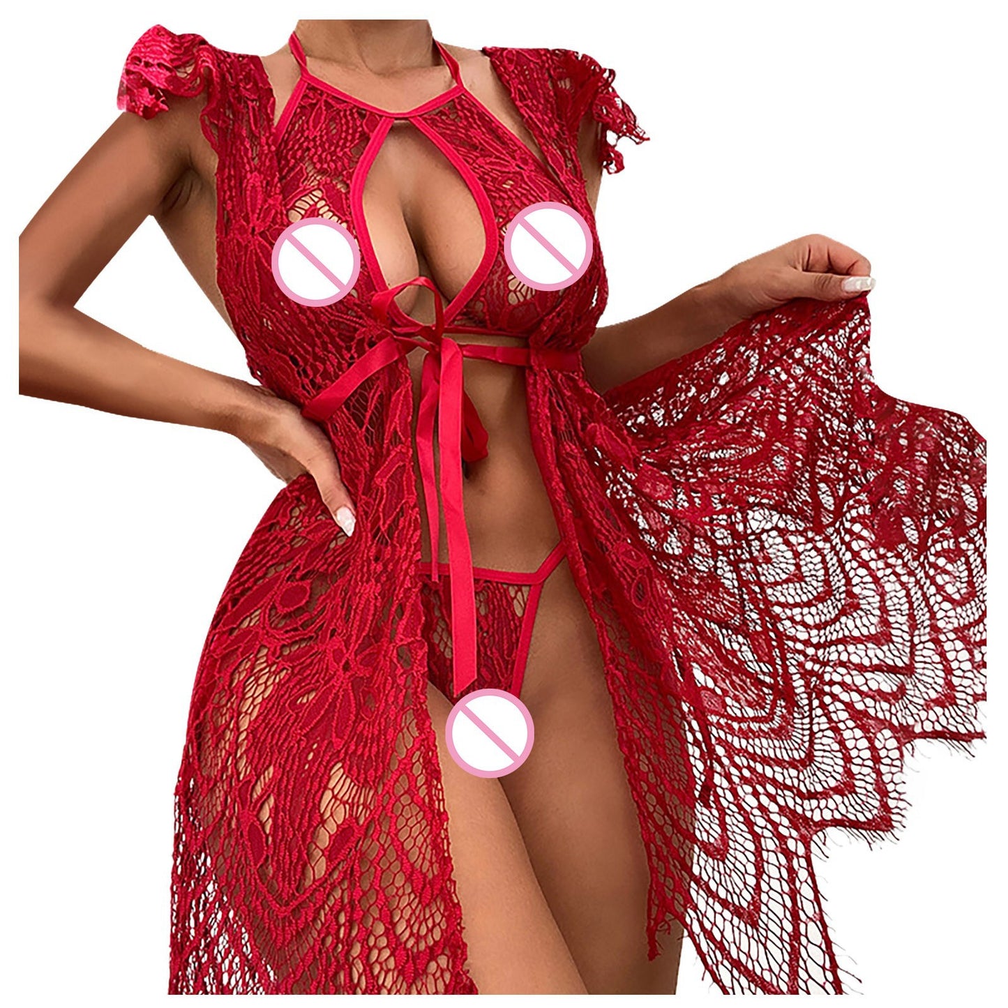 Women Sexy Red Mesh Lace Sexy Suit June