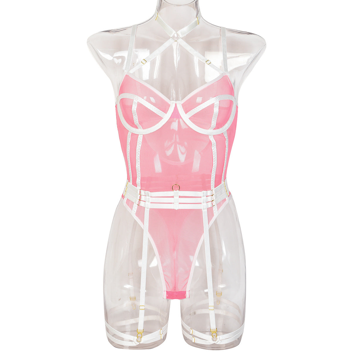 High Elastic Mesh Tight Perspective Sexy Lingerie Halter Contrast Color Jumpsuit Complex Two Piece Set
