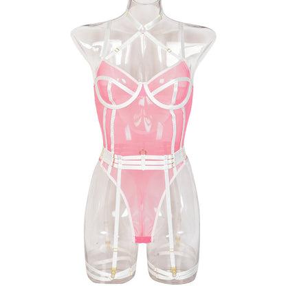 High Elastic Mesh Tight Perspective Sexy Lingerie Halter Contrast Color Jumpsuit Complex Two Piece Set