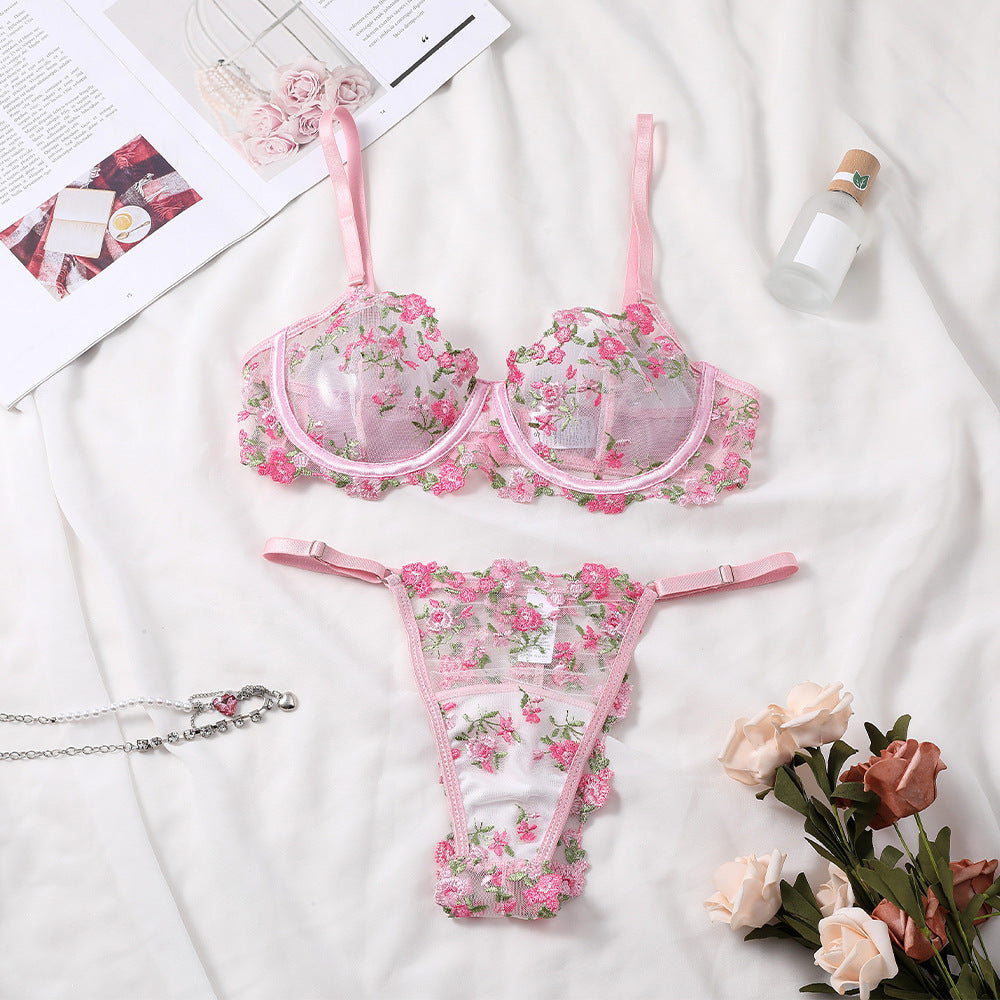 Spring Embroidered Lace Sexy Lingerie Mesh Stitching Sexy Bra Set