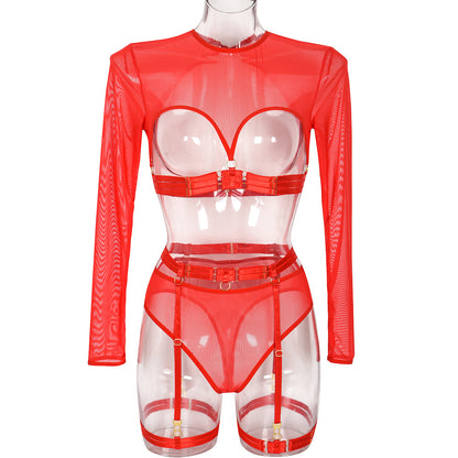Mesh See through Patchwork Lace up Heavy Craft Complex Three Piece Sexy Lingerie