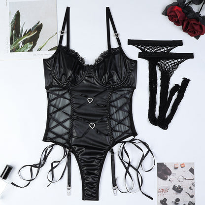 Hollow Out Cutout Out Mesh Stockings Black Faux Leather Long Soft Leather Micro Elastic Side Strap Love Cross Sexy Jumpsuit Women