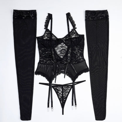 Big Stockings Black Mysterious Lace Hollow Out Cutout Lace Strap Slimming Sexy Goddess Sexy Lingerie Four Piece Set