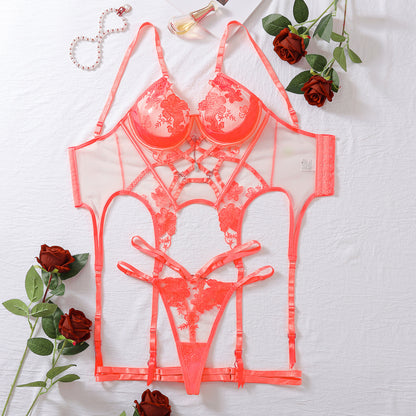 Sexy Embroidery Mesh See through Stitching Craft Sexy Underwear Garter Belt Two Piece Set