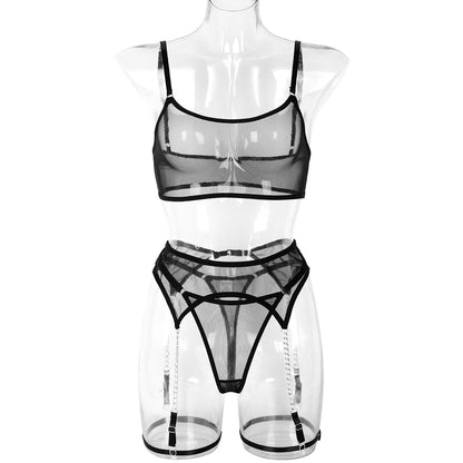 Sexy Three Piece Set Popular Sheer Mesh Sexy Three Piece Suit Chain Leg Ring