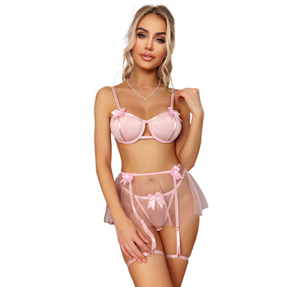 Sexy Lingerie Sling Three Piece Pink Bow Hollow Out Cutout Backless Bra See Through T Back Sexy