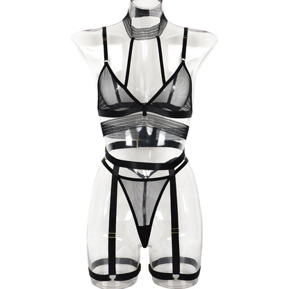 Women Clothing Thin See through Comfortable Halter Sexy Lingerie Three Piece Set