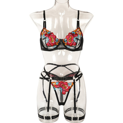 Sexy Lingerie Three-Piece Set High Quality Embroidery Heavy Craft Underwear with Steel Ring