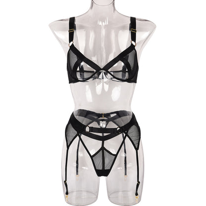 Sexy Three-Piece Set Hollow Out Cutout Heavy Craft Mesh Stitching Sexy Belt