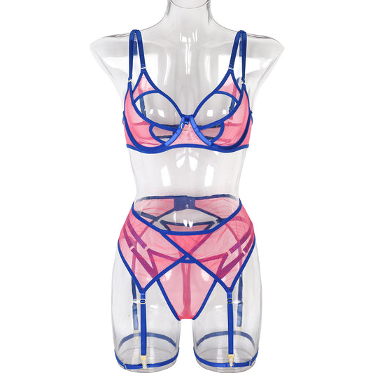 Women Clothing Sexy Lingerie Three Piece Set Color Contrast Patchwork Elastic Net Comfortable Tight Sexy Lingerie