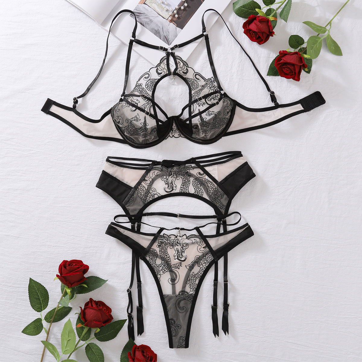 Hollow Out Cutout out Sexy Bra Suit Embroidery Stitching Craft Steel Ring Push up Sexy Underwear Three Piece Set
