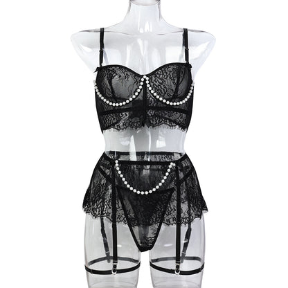 Lightweight Lace See Through Pearl Handmade Shaping Bow Sexy Lingerie Four Piece Set
