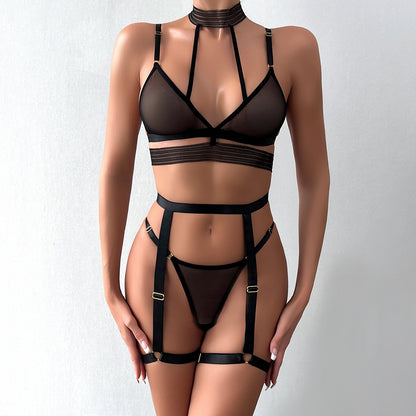 Women Clothing Thin See through Comfortable Halter Sexy Lingerie Three Piece Set