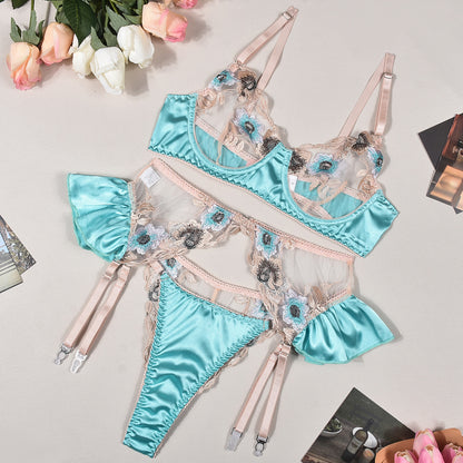 Lingerie Multi Color Embroidery Contrast Color Stitching Pettiskirt Waist Seal Sexy Lingerie Three Piece Set Women
