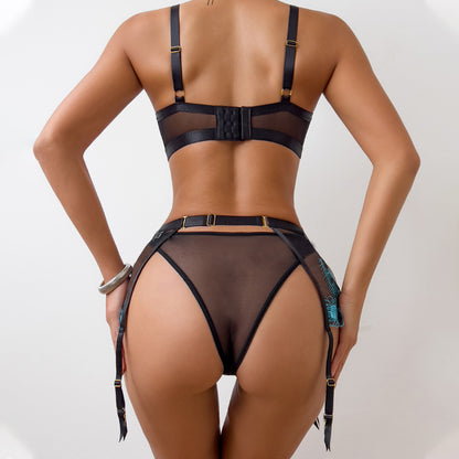 See Through Embroidery Mesh Sexy Cutout Complex Sexy Lingerie Three Piece Set