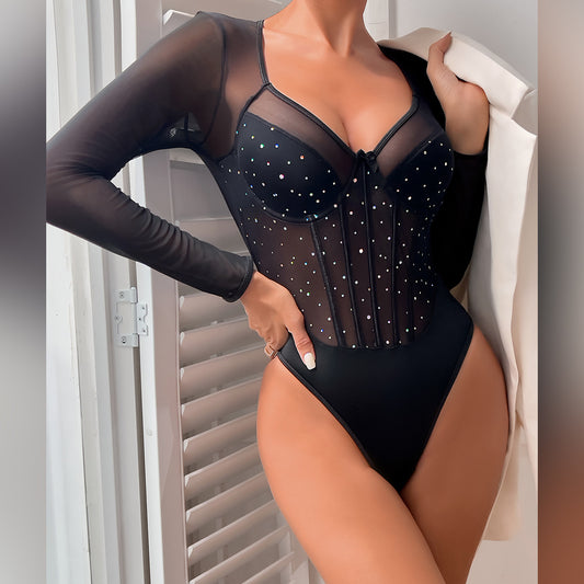 Black Classic Women Clothing Dot Flashing Sequ Adult Lady like Woman Advanced Long Sleeved Jumpsuit Women